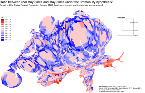 Ratio between real stay-times and stay-times under the "immobility hypothesis"