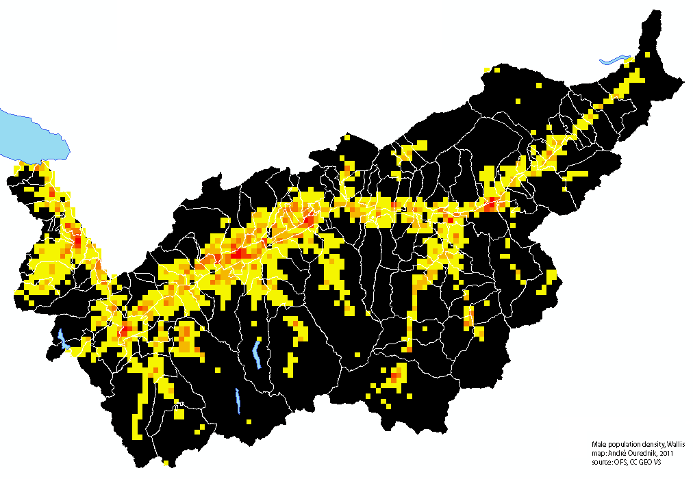 Male population density in the Canton Valis, kilometric resolution (André Ourednik, 2011))