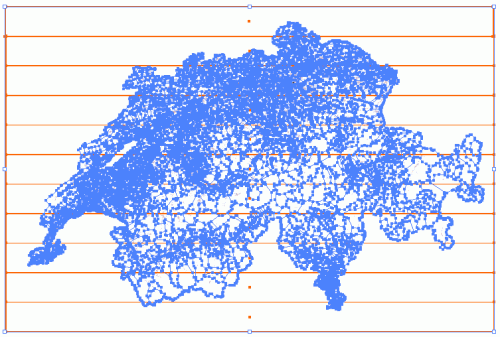 Bitmap strips (detoured in orange) and vector polygon layer (in blue)