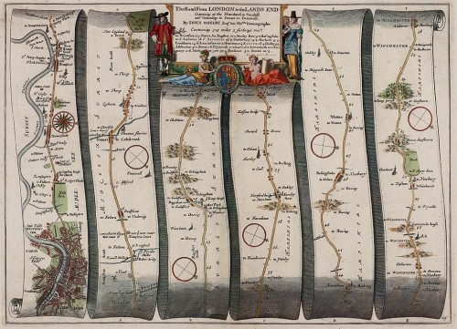 strip map example the road from London to Portsmouth, “actually surveyd and delineated by John Ogilby Esq[ire]: His Ma.ties Cosmographer.” (1675) 